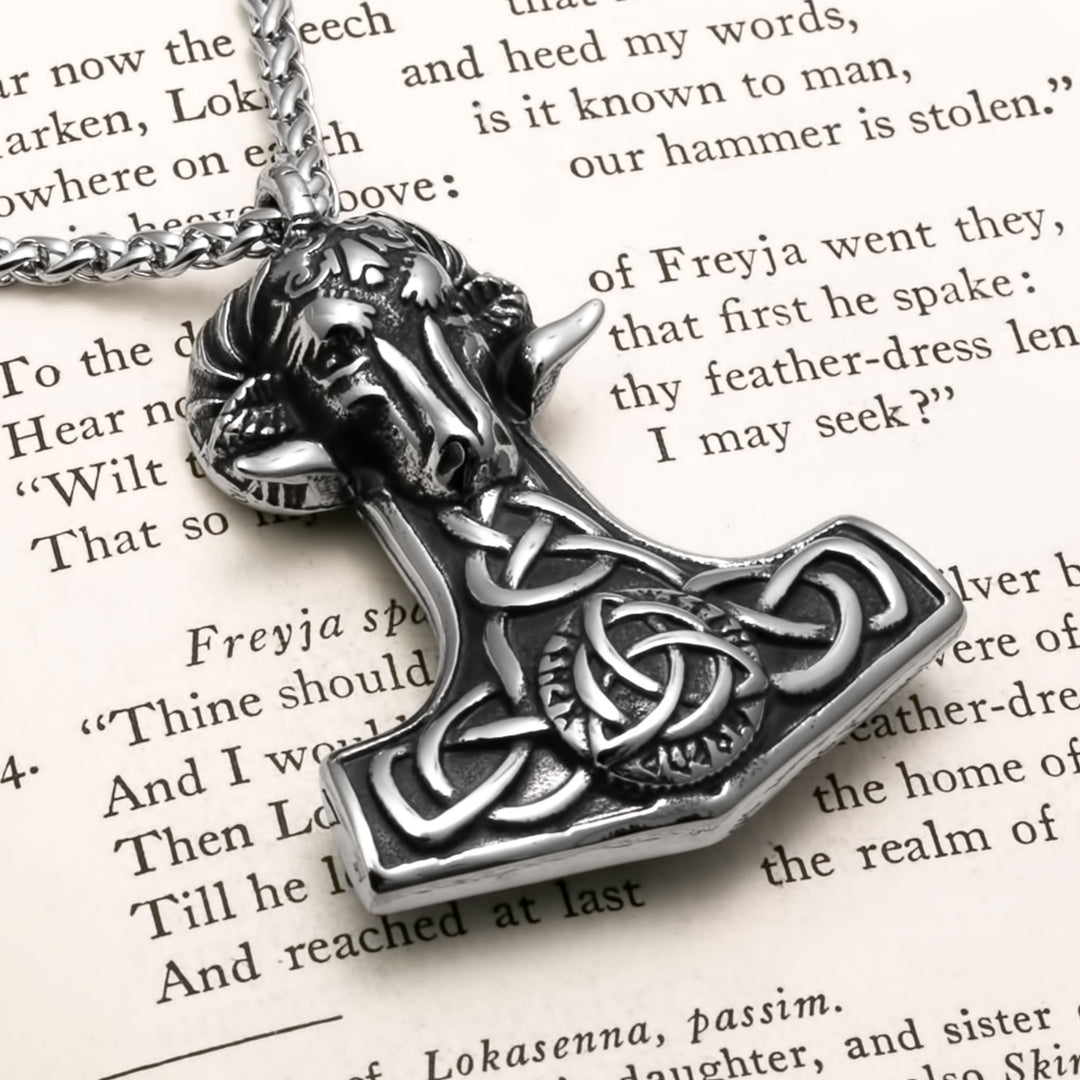 Viking Mjolnir Thor's Hammer Trinity Knot Goat Stainless Steel Pendant Necklace
