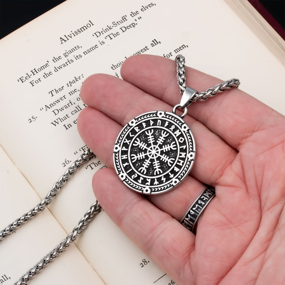 Helm of Awe Elder Futhark Rune Pendant Necklace 316L Stainless Steel Viking