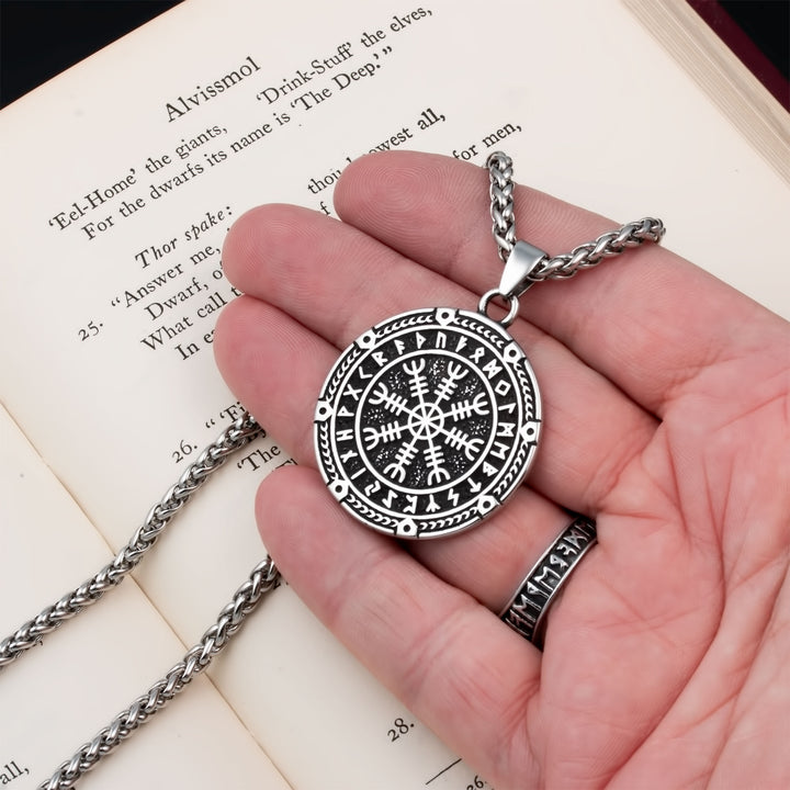 Helm of Awe Elder Futhark Rune Pendant Necklace 316L Stainless Steel Viking