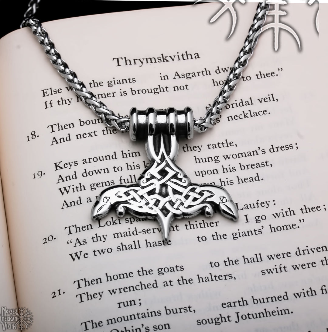 Viking Mjolnir Thor's Hammer Raven Norse Knot Stainless Steel Pendant Necklace