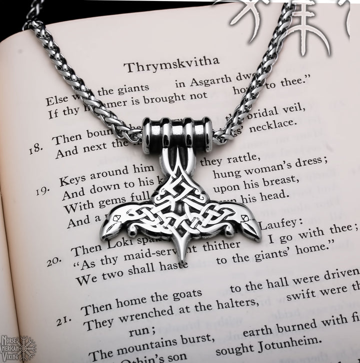 Viking Mjolnir Thor's Hammer Raven Norse Knot Stainless Steel Pendant Necklace