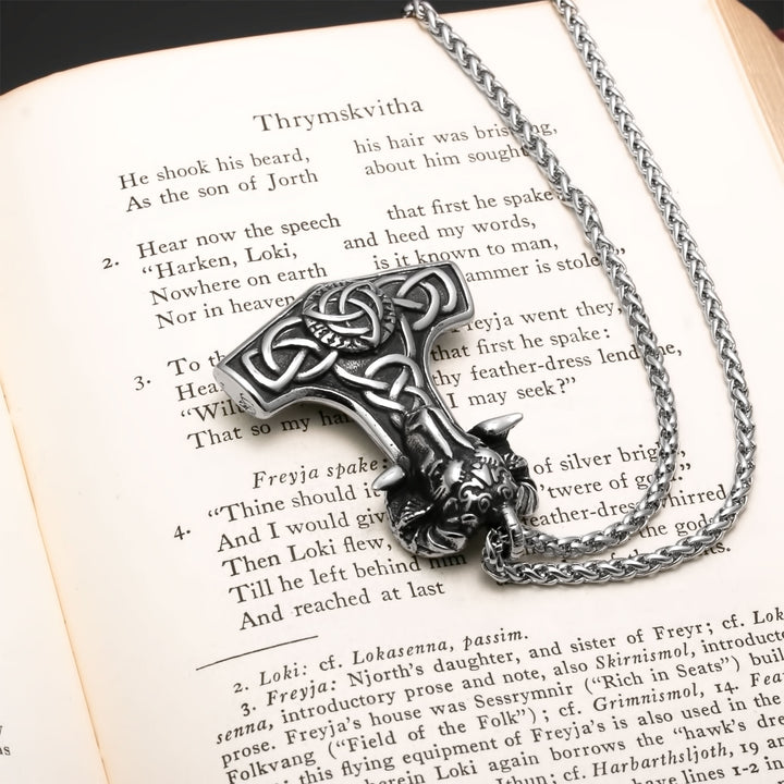 Viking Mjolnir Thor's Hammer Trinity Knot Goat Stainless Steel Pendant Necklace