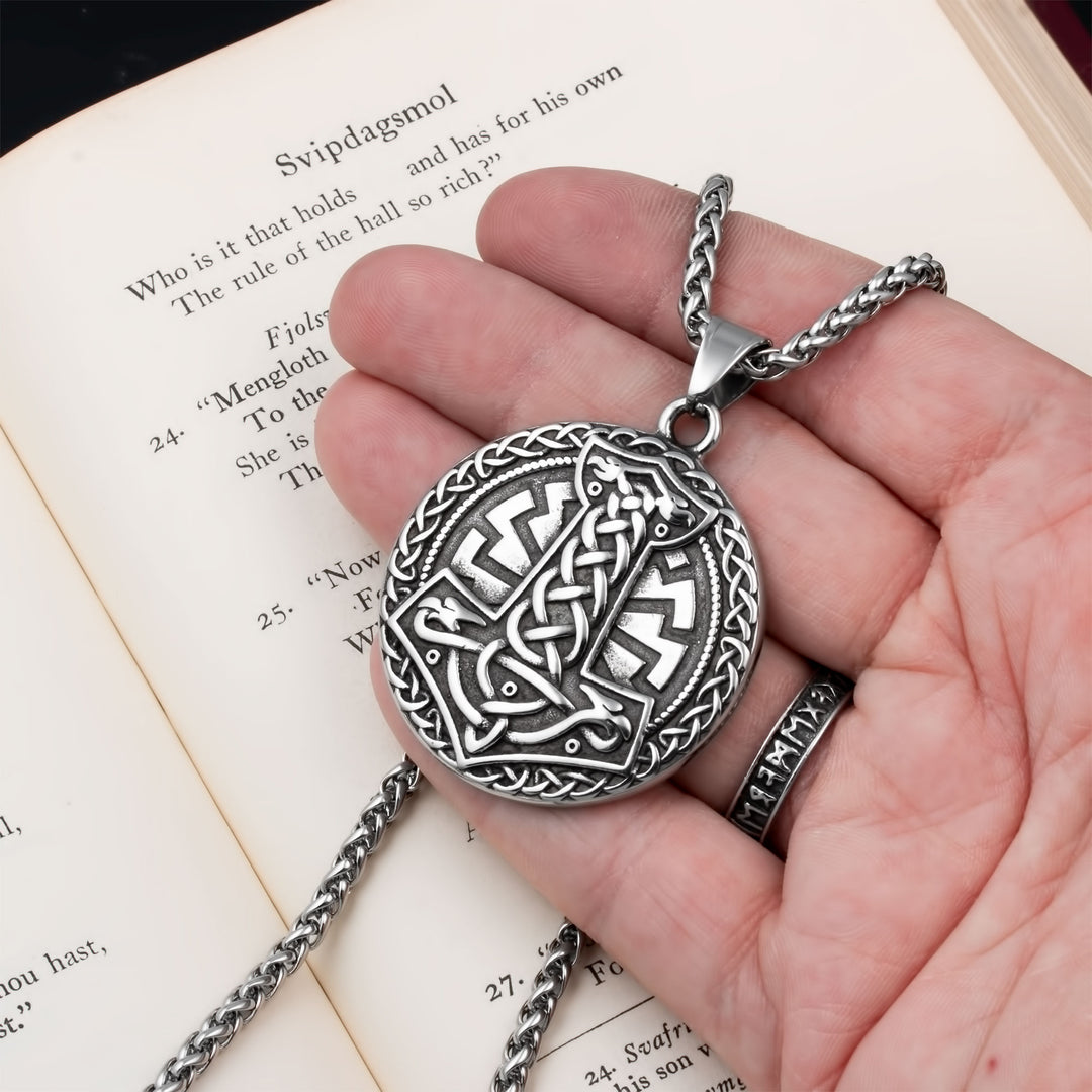 Mjolnir Sowilo Rune Medallion Pendant Necklace Stainless Steel Viking