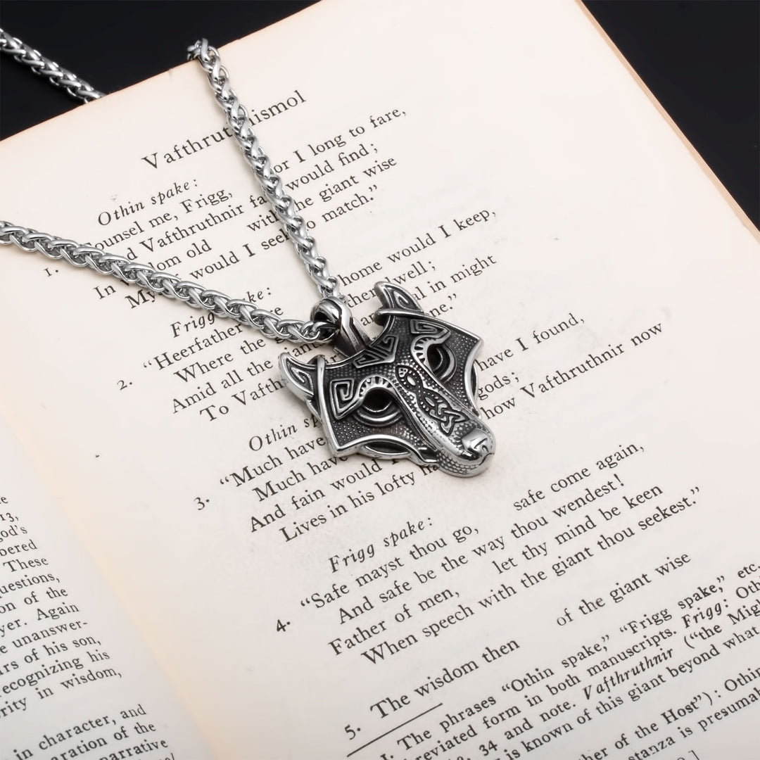 Fenrir Wolf Head Pendant Necklace Stainless Steel Viking