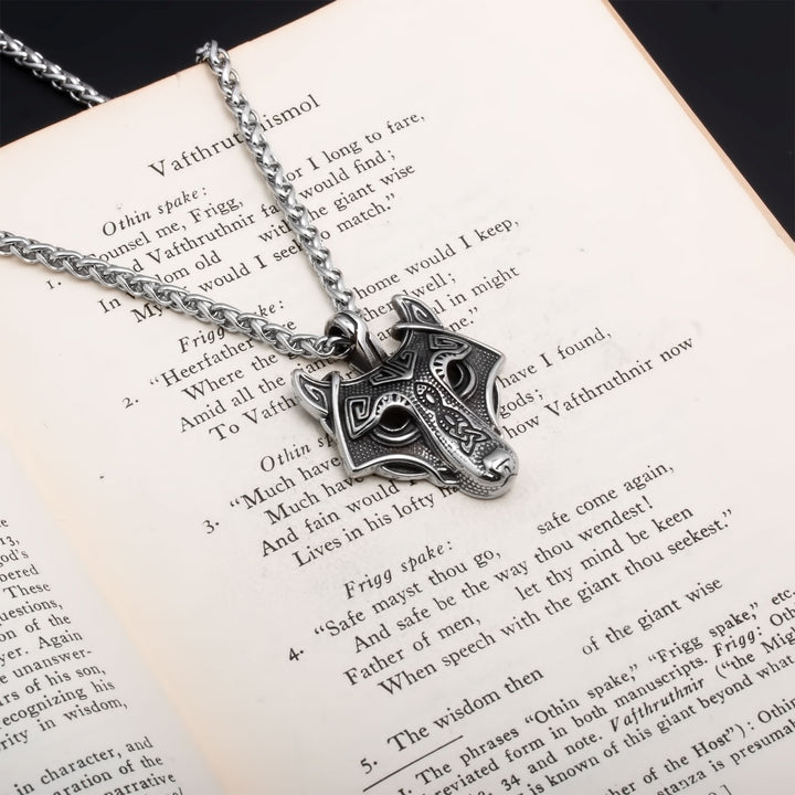 Fenrir Wolf Head Pendant Necklace Stainless Steel Viking