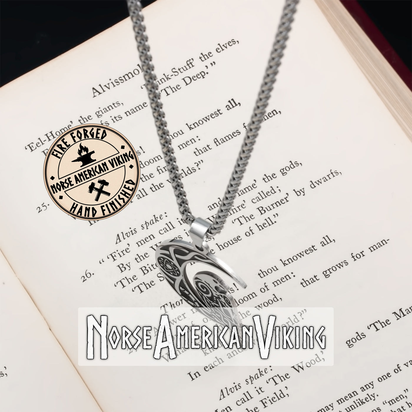 Viking Raven Crescent Moon Stainless Steel Pendant Necklace