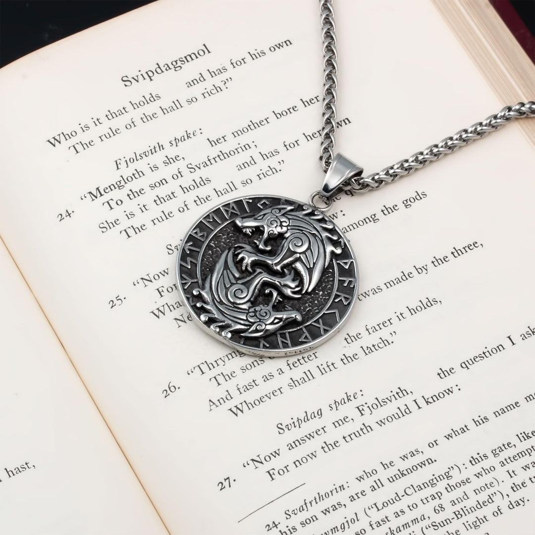 Wolf Rune Pendant Necklace Stainless Steel Viking