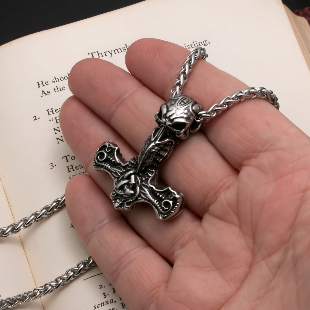 Viking Mjolnir Thor's Hammer Raven Skull Stainless Steel Pendant Necklace
