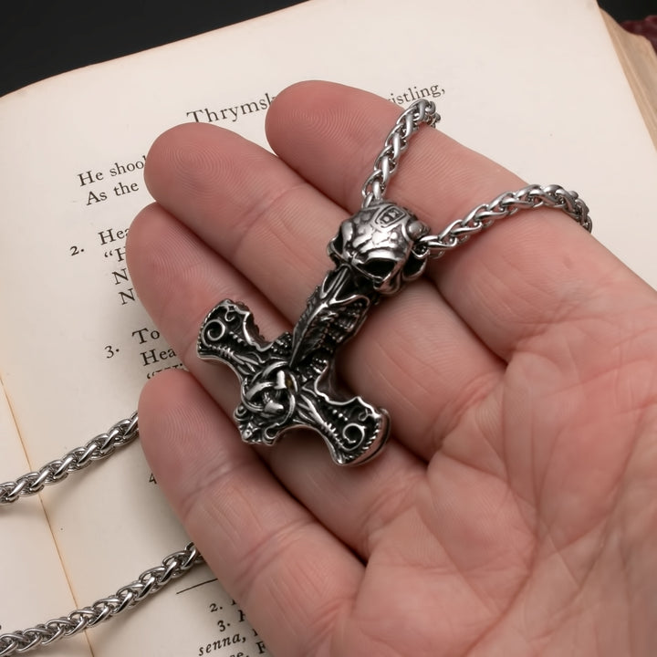 Viking Mjolnir Thor's Hammer Raven Skull Stainless Steel Pendant Necklace