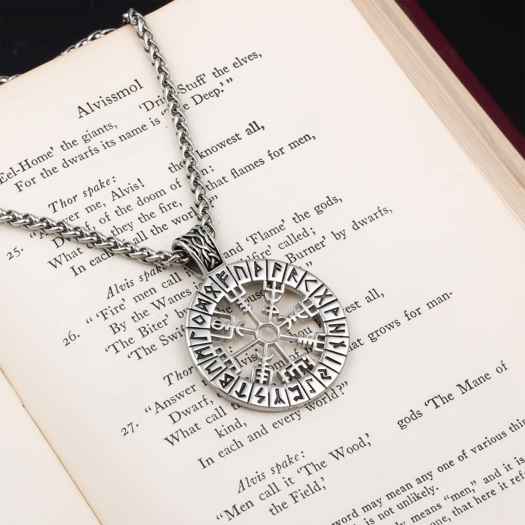 Vegvisir Compass Elder Futhark Rune Pendant Necklace Stainless Steel Viking