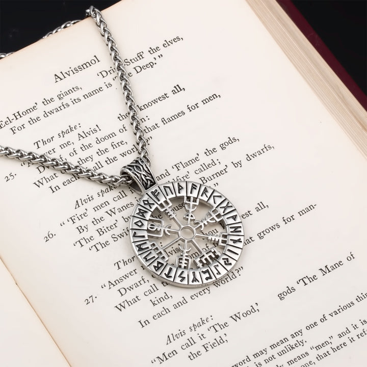 Vegvisir Compass Elder Futhark Rune Pendant Necklace Stainless Steel Viking