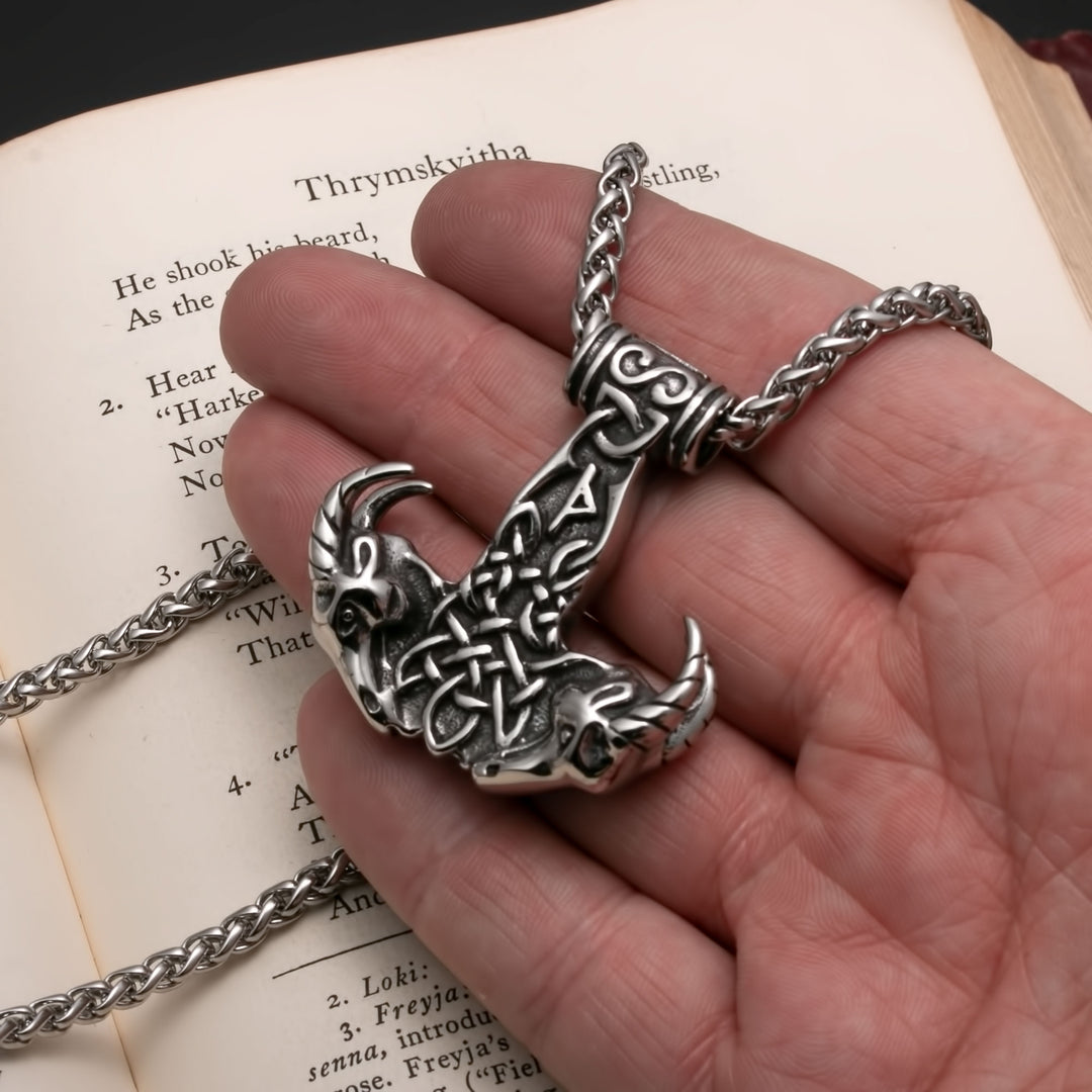 Viking Mjolnir Thor's Hammer Goat Head Stainless Steel Pendant Necklace