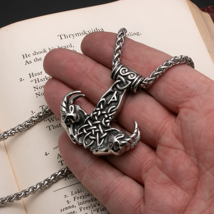 Viking Mjolnir Thor's Hammer Goat Head Stainless Steel Pendant Necklace