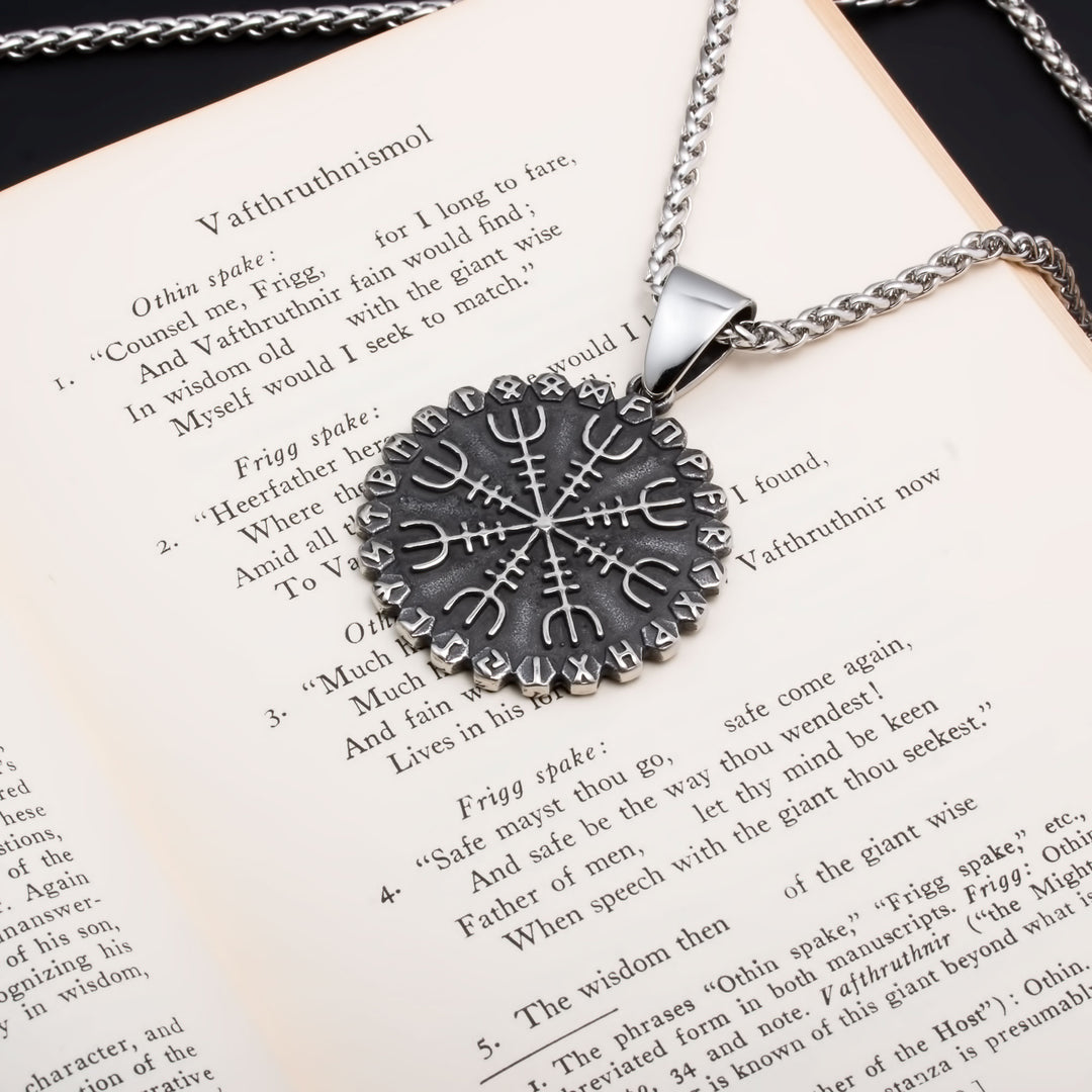 Viking Helm of Awe Vegvisir Rune Stainless Steel Pendant Necklace