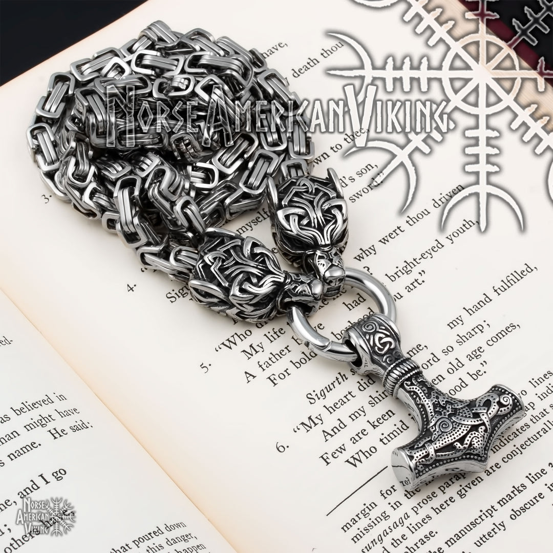 Viking Mjolnir Thor's Hammer King Wolf Byzantine Necklace 316L Stainless Steel