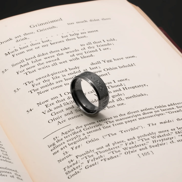 Viking Elder Futhark Rune Ring 8mm Band Ancient 316L Stainless Steel