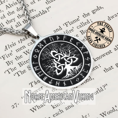 Viking Yggdrasil World Tree Trinity Knot Rune Stainless Steel Pendant Necklace