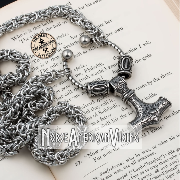 Viking Mjolnir Thor's Hammer King Rune Byzantine Necklace 316L Stainless Steel