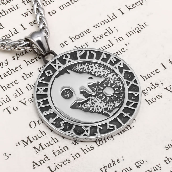 Fenrir Wolf Rune Yin Pol Viking Pendant Necklace 316L Stainless Steel