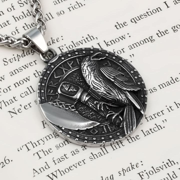 Raven Axe Rune Pendant Necklace Stainless Steel Viking