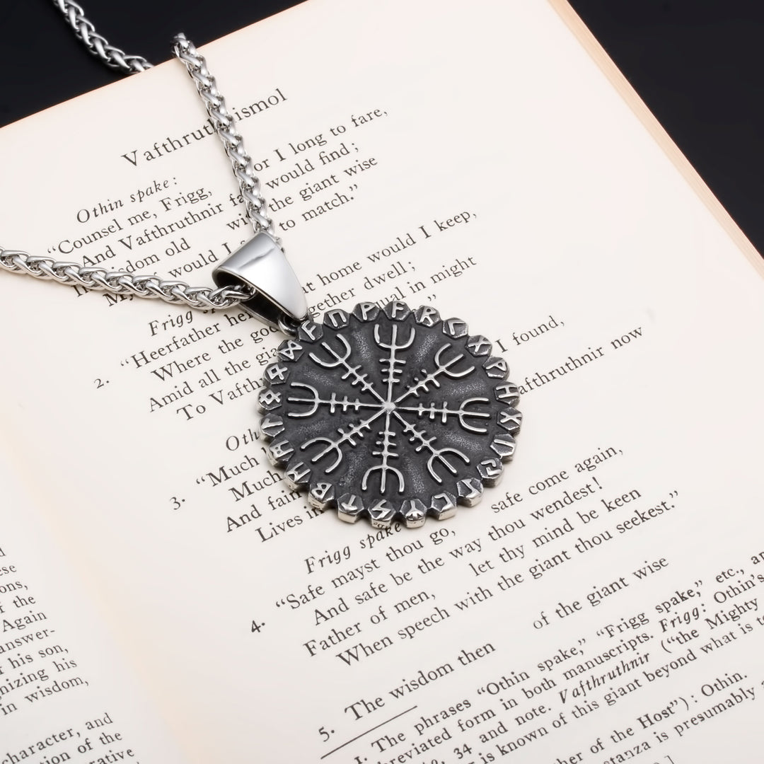 Viking Helm of Awe Vegvisir Rune Stainless Steel Pendant Necklace