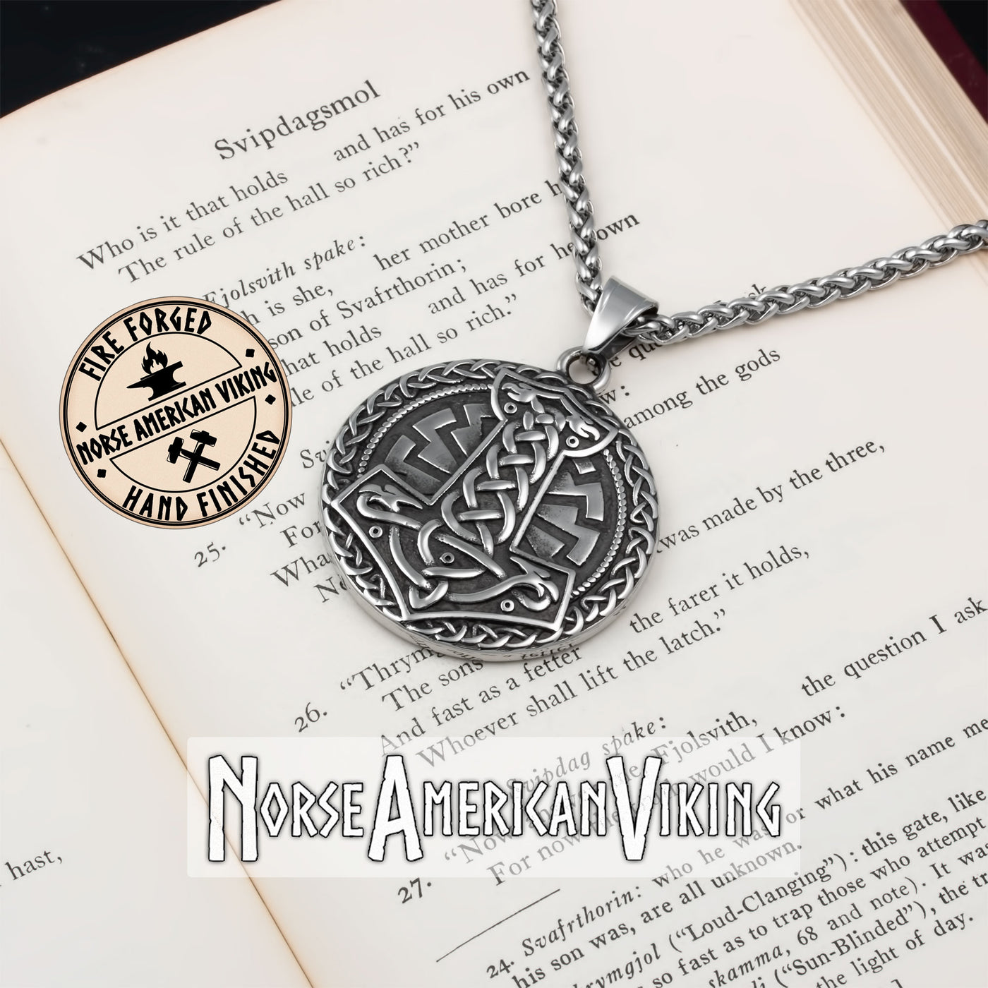 Viking Mjolnir Sowilo Rune Medallion Stainless Steel Pendant Necklace