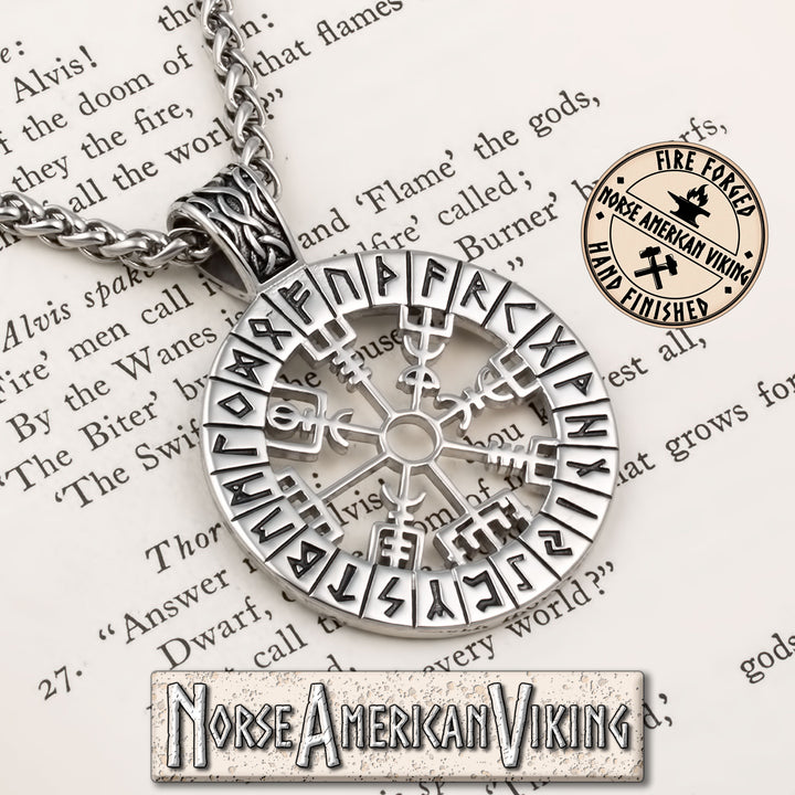 Viking Vegvisir Compass Elder Futhark Rune Stainless Steel Pendant Necklace