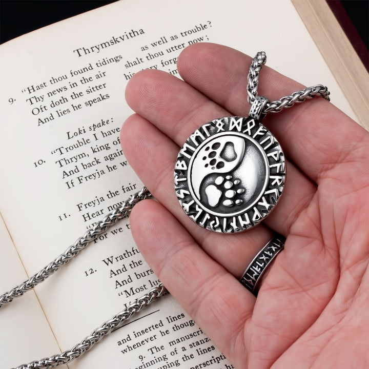 Wolf Print Rune Pendant Necklace Stainless Steel Viking