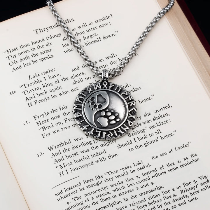 Wolf Print Rune Pendant Necklace Stainless Steel Viking