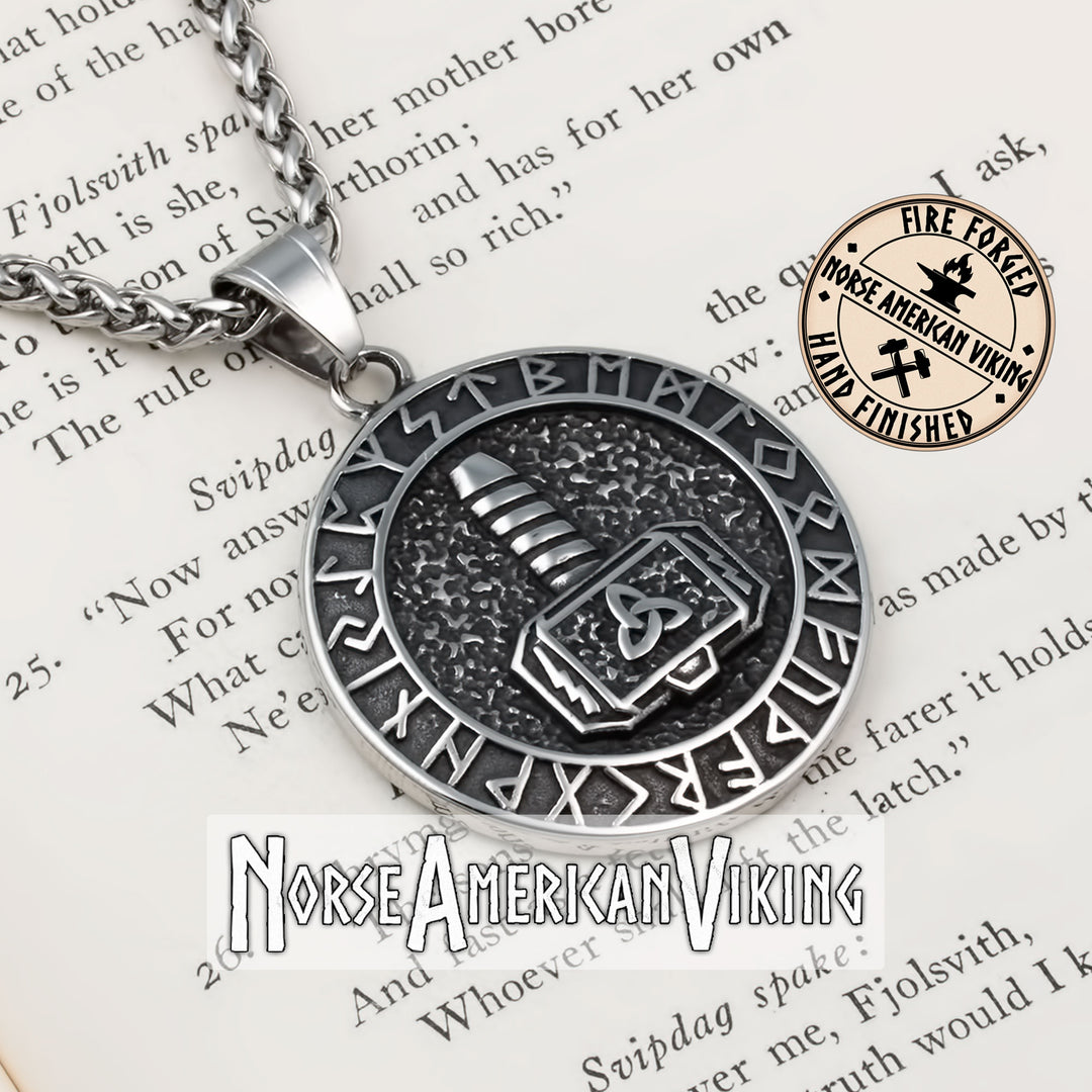 Viking Mjolnir Rune Medallion Stainless Steel Pendant Necklace