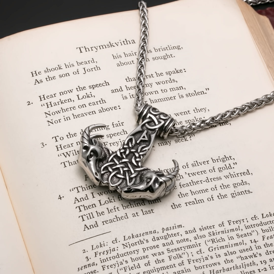 Viking Mjolnir Thor's Hammer Goat Head Stainless Steel Pendant Necklace