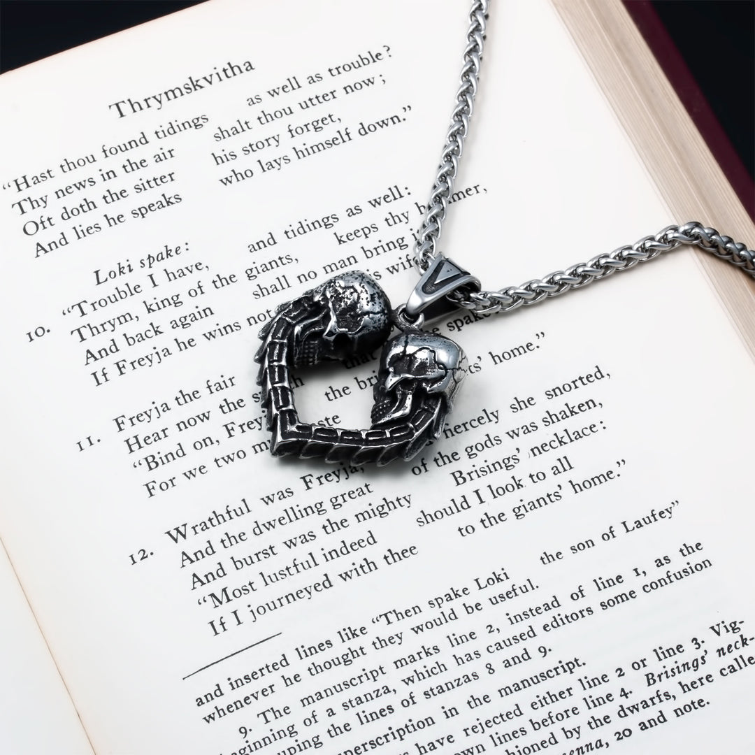 Skulls Heart Pendant Necklace Stainless Steel Viking