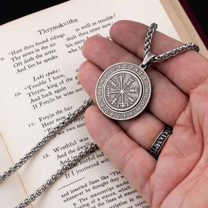 Vegvisir Elder Futhark Rune Spinner Pendant Necklace Stainless Steel Viking