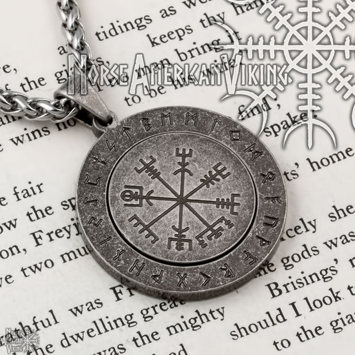 Viking Vegvisir Elder Futhark Rune Spinner Stainless Steel Pendant Necklace