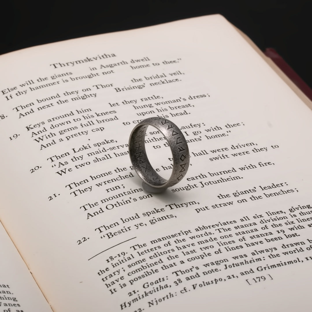 Viking Elder Futhark Rune Ring 7mm Band Ancient Grey 316L Stainless Steel