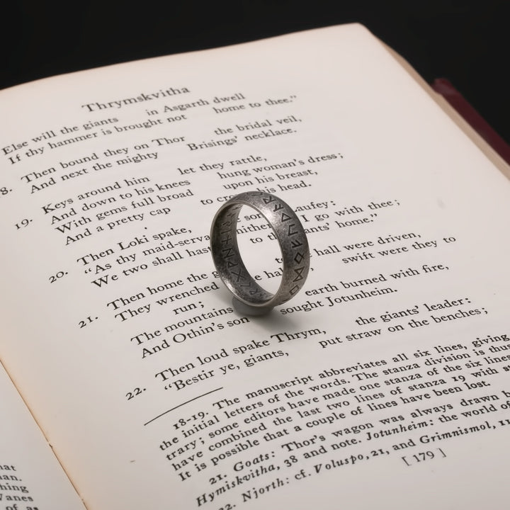 Viking Elder Futhark Rune Ring 7mm Band Ancient Grey 316L Stainless Steel