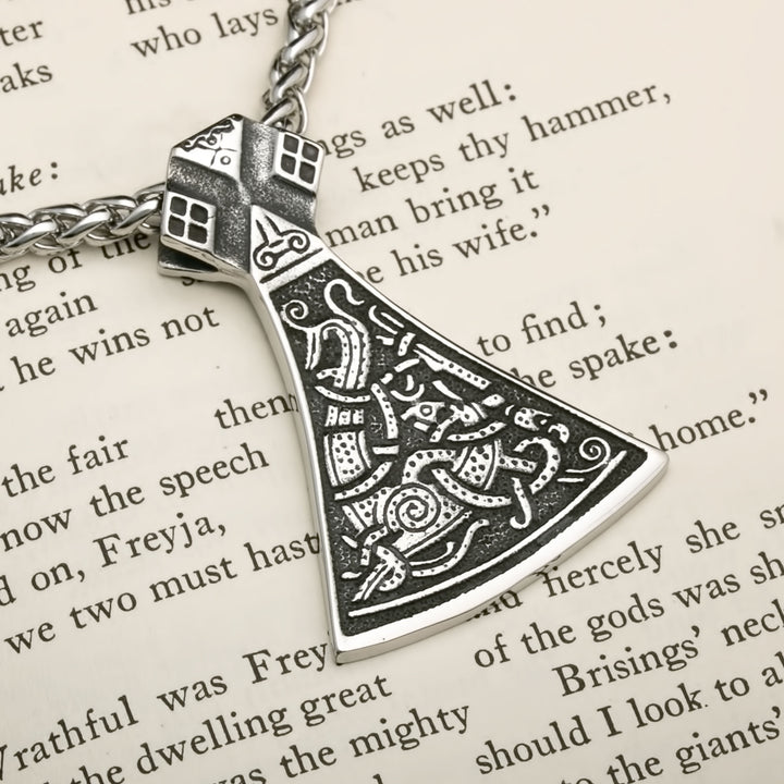 Viking Axe Norse Dragon Stainless Steel Pendant Necklace