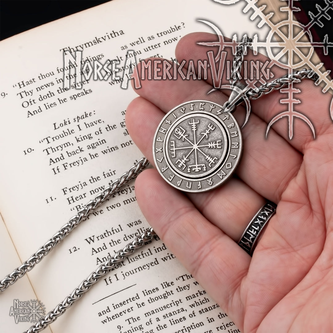 Viking Vegvisir Elder Futhark Rune Spinner Stainless Steel Pendant Necklace