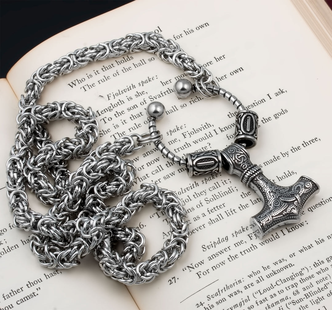 Mjolnir Thor's Hammer King Rune Byzantine Necklace 316L Stainless Steel Viking