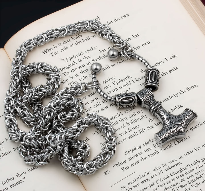 Mjolnir Thor's Hammer King Rune Byzantine Necklace 316L Stainless Steel Viking