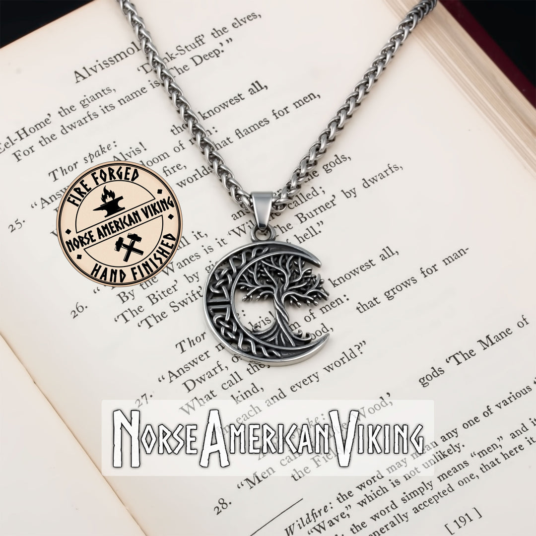 Viking Yggdrasil World Ash Tree Moon Stainless Steel Pendant Necklace