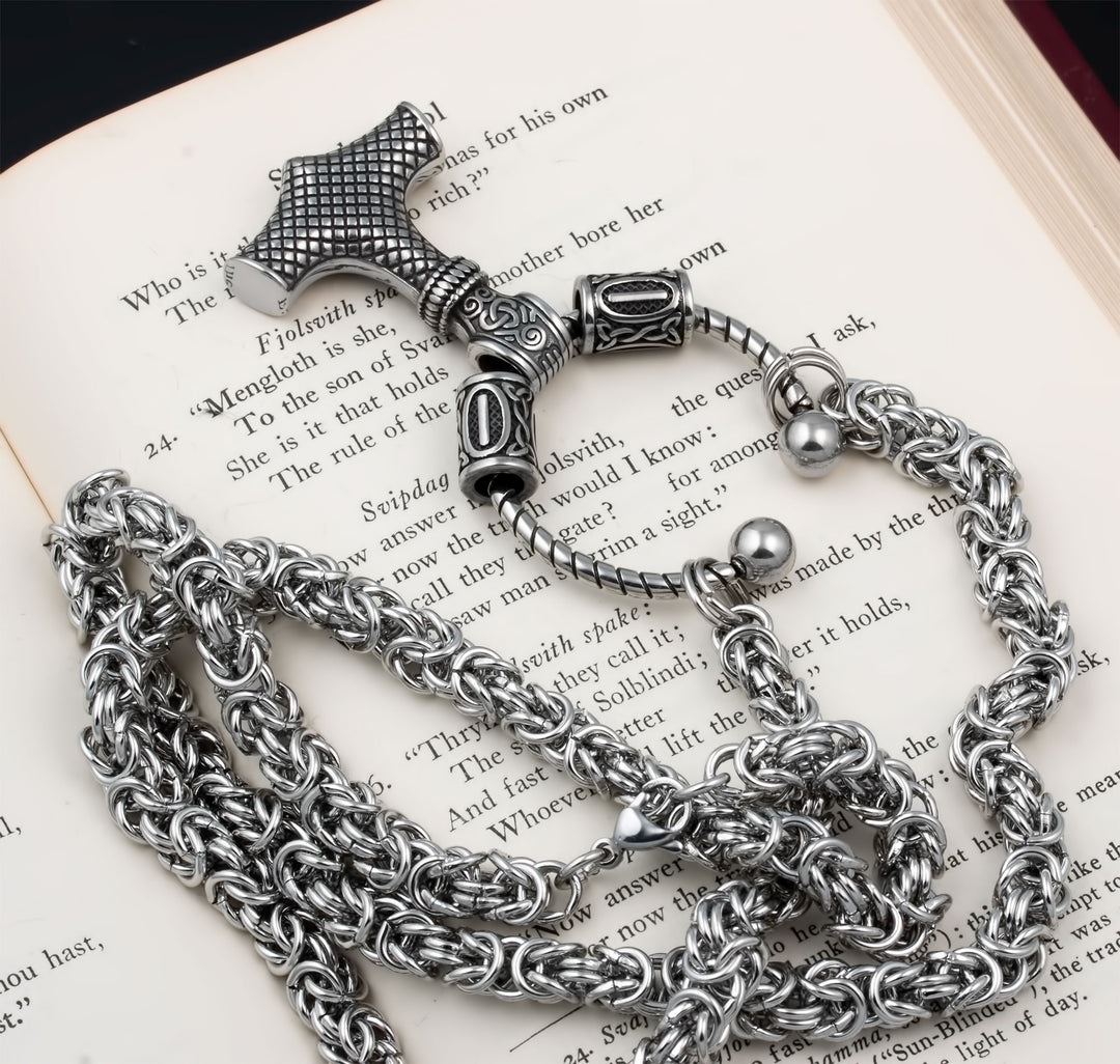 Mjolnir Thor's Hammer King Rune Byzantine Necklace 316L Stainless Steel Viking