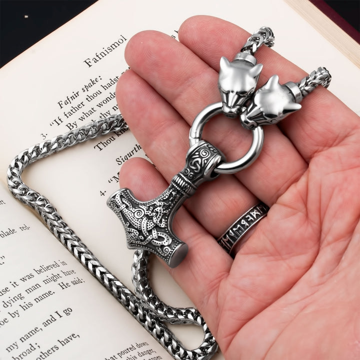 Mjolnir Thor's Hammer King Wolf Foxtail Necklace 316L Stainless Steel Viking