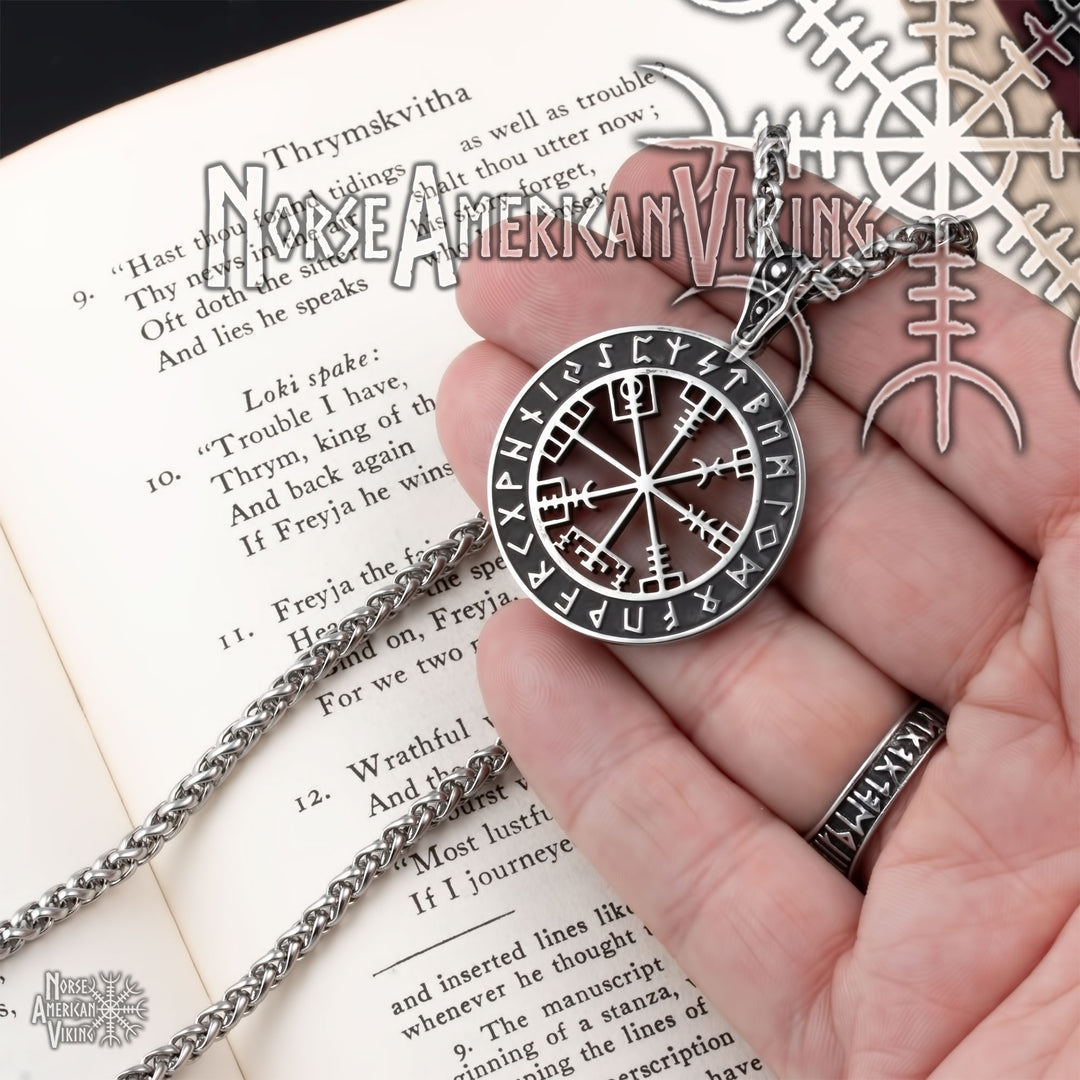 Viking Vegvisir Elder Futhark Rune Compass Stainless Steel Pendant Necklace