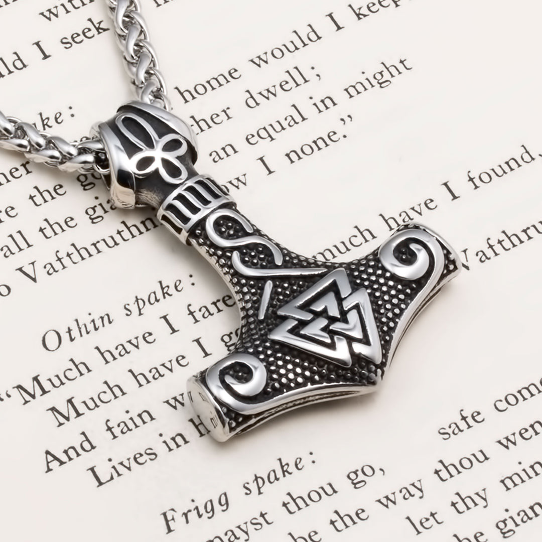 Viking Mjolnir Thor's Hammer Valknut Stainless Steel Pendant Necklace