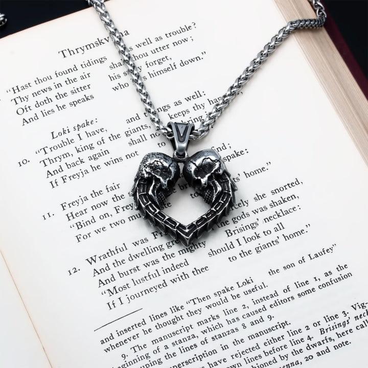 Skulls Heart Pendant Necklace Stainless Steel Viking