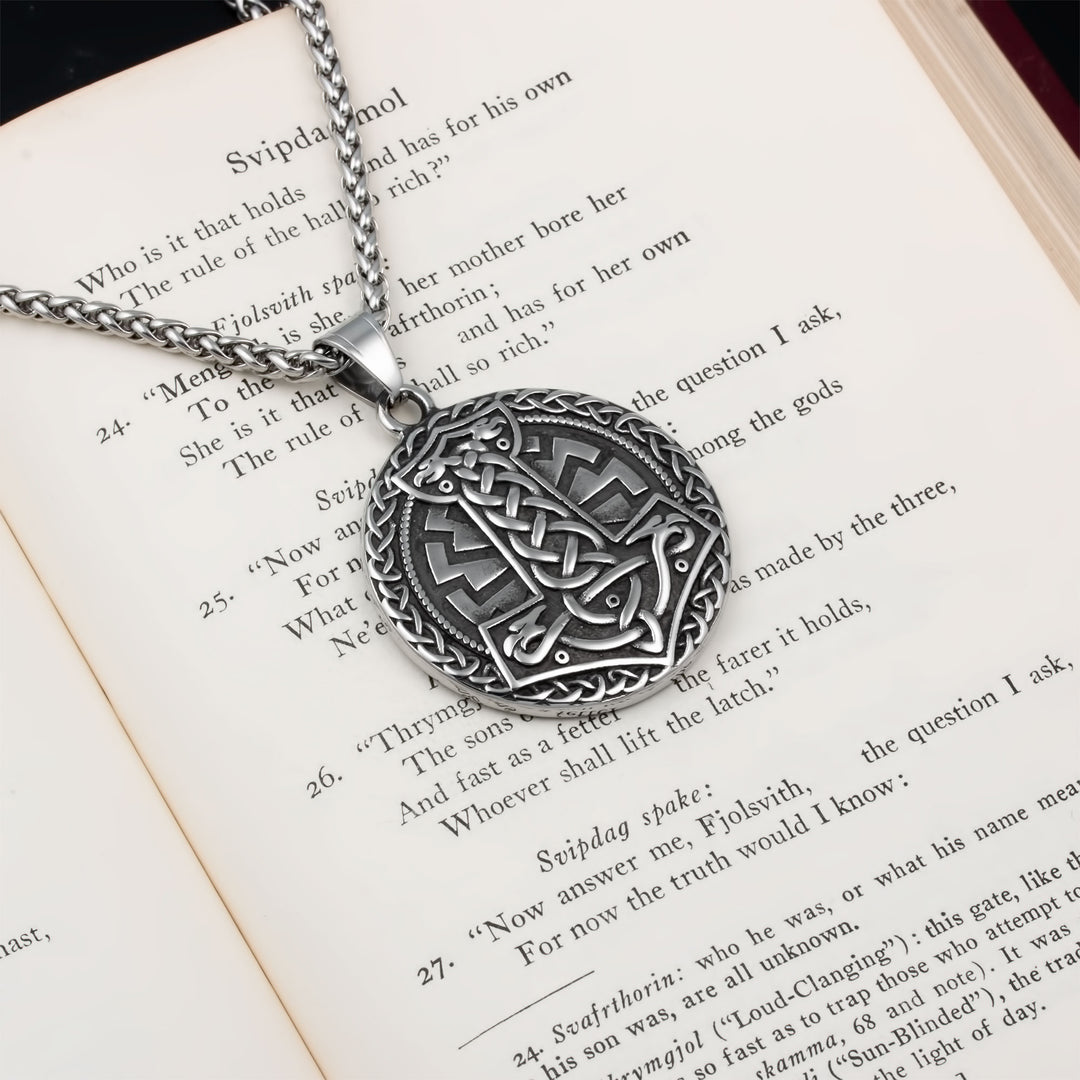 Mjolnir Sowilo Rune Medallion Pendant Necklace Stainless Steel Viking