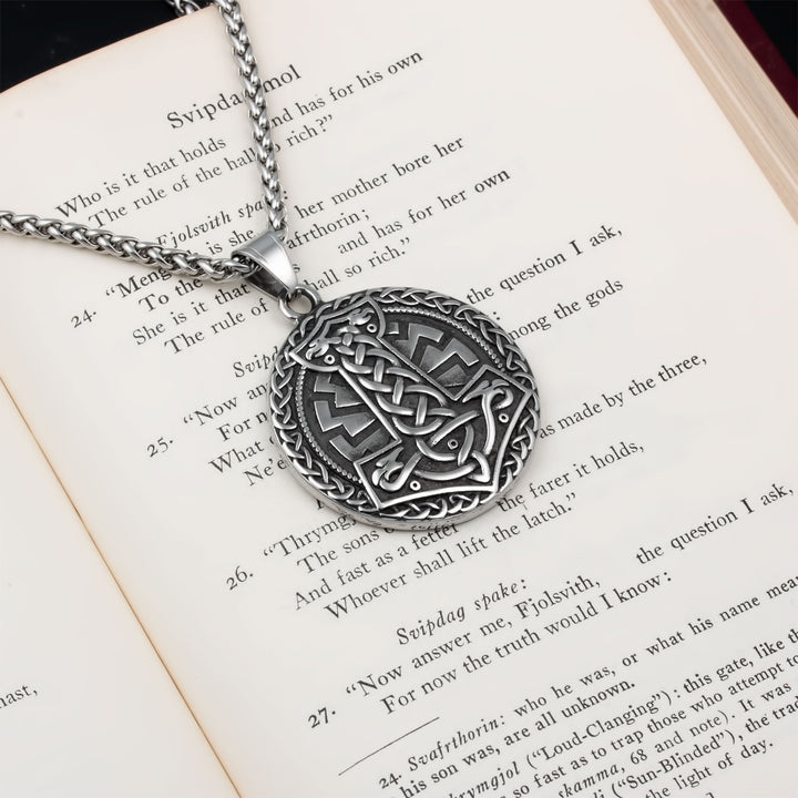 Mjolnir Sowilo Rune Medallion Pendant Necklace Stainless Steel Viking