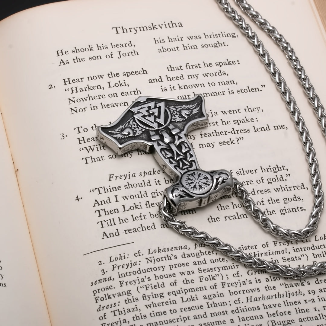 Viking Mjolnir Thor's Hammer Valknut Raven Stainless Steel Pendant Necklace