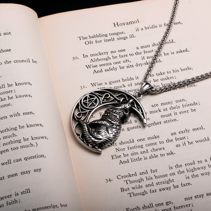 Viking Fenrir Wolf Crescent Moon Stainless Steel Pendant Necklace